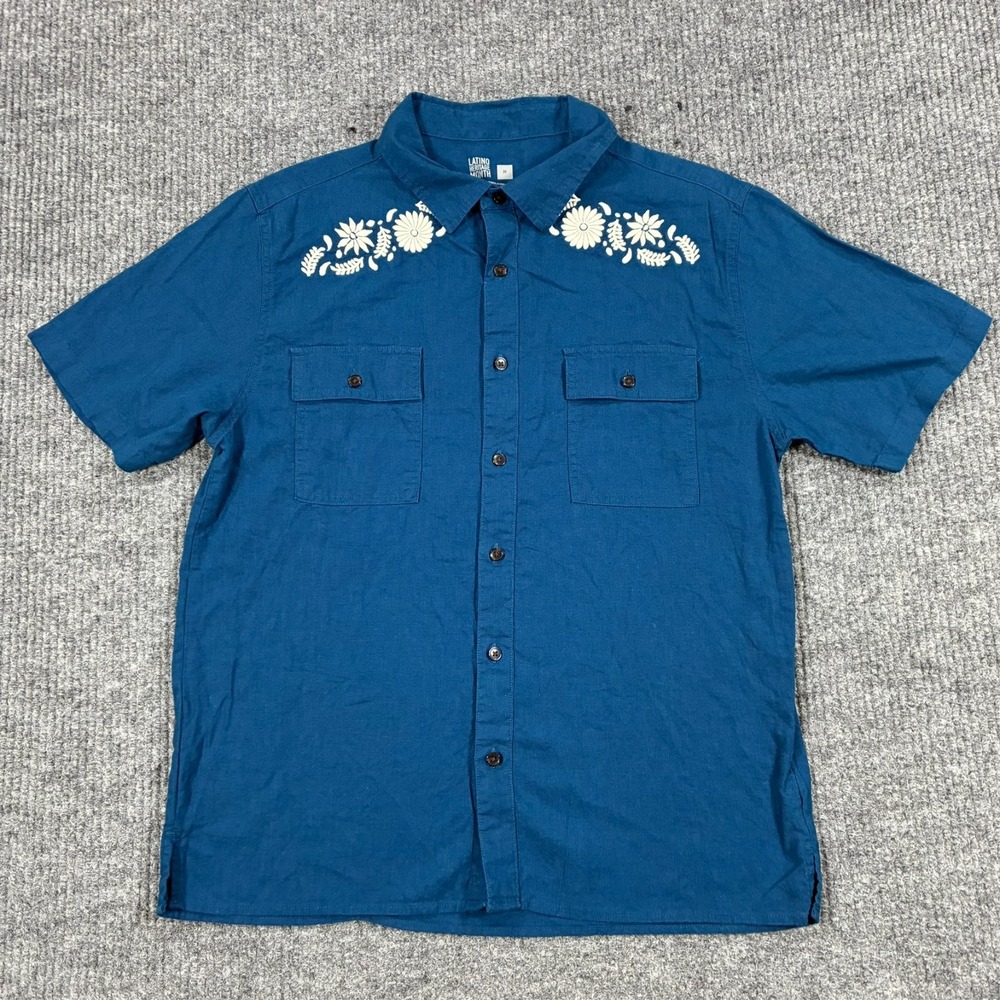 Latino Heritage Month Mens M Blue Linen Rayon Embroidered Button Up Shirt